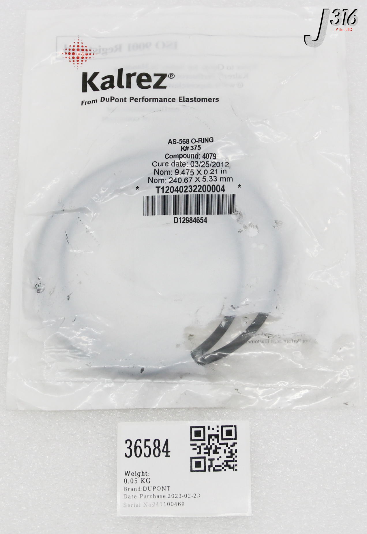 36584 DUPONT O-RING, KALREZ, K# 375, NOM: 9.475 X 0.21 IN (NEW) AS